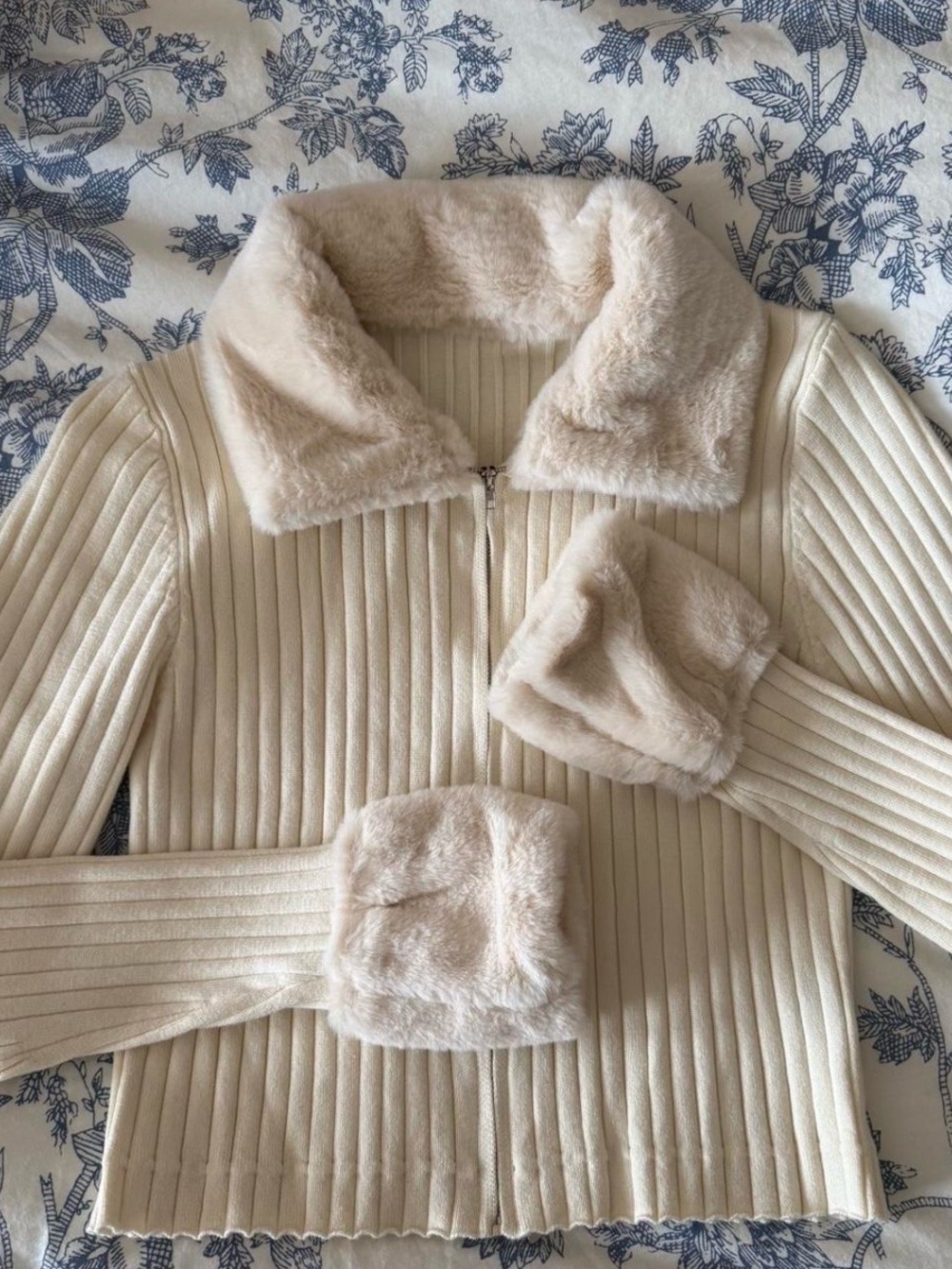 Cider Cream Faux Fur Trim Ribbed Zip Jacket